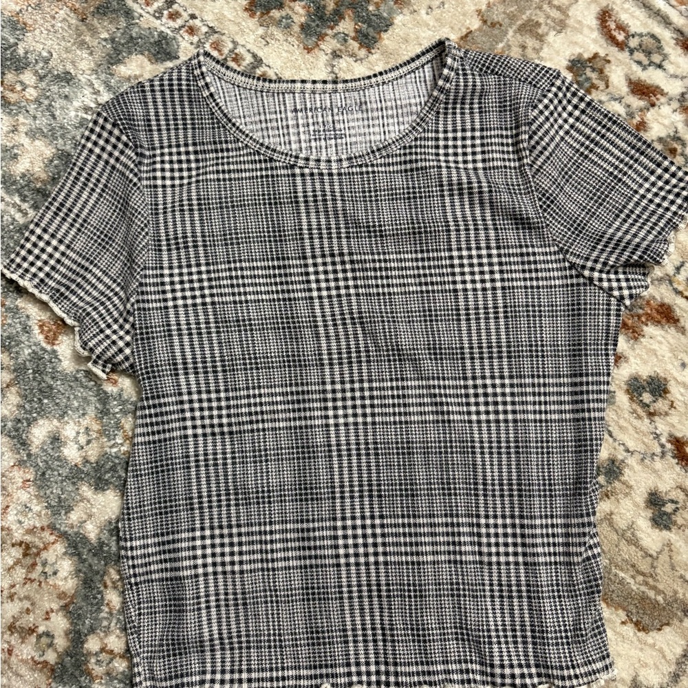 Y2k American Eagle plaid lettuce edge baby tee